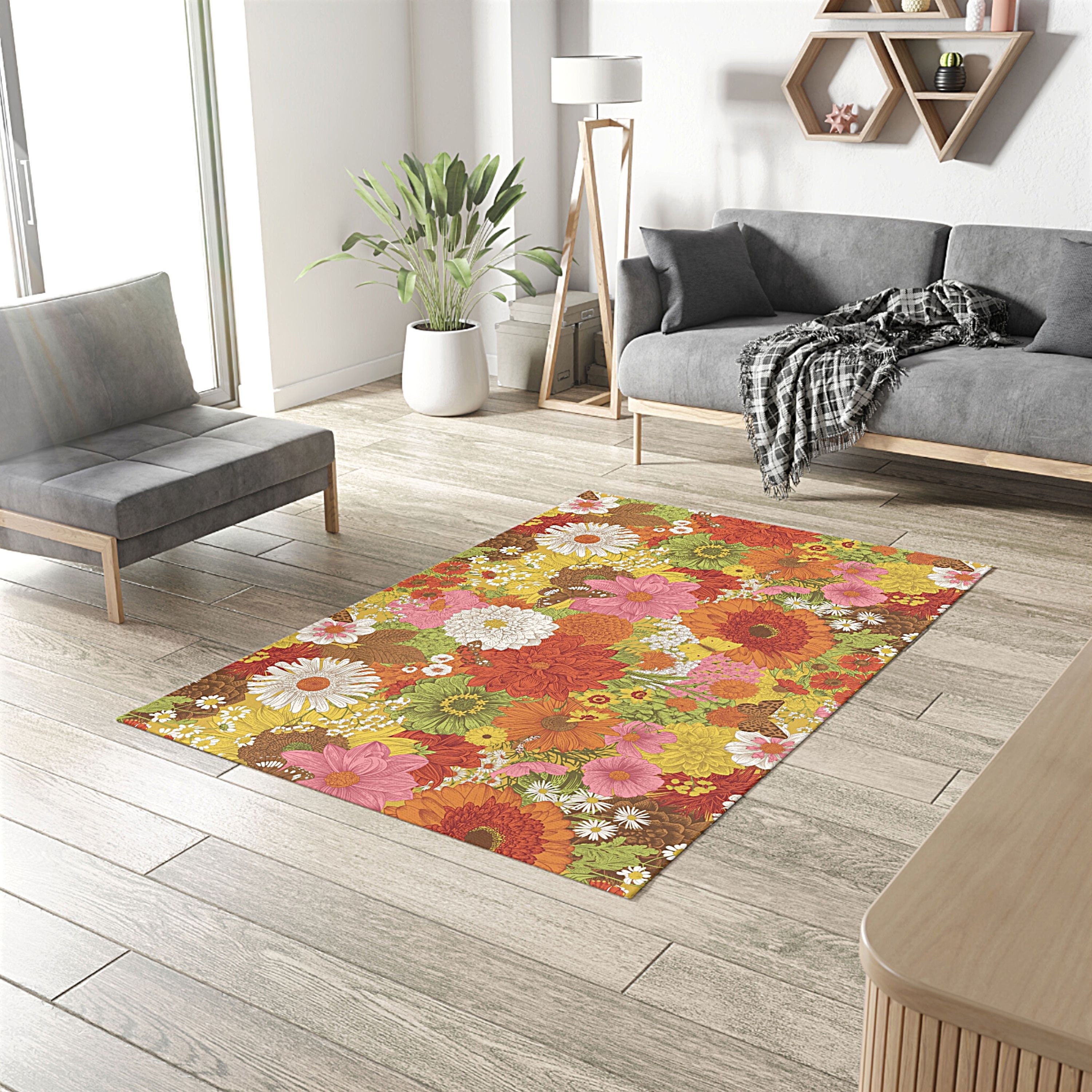 Outdoor Area Rug for Patio,Fall Watercolor Retro Floral White Camping Rugs  Indoor Large Floor Mat 5x8ft,Pastoral Vintage Flower Seamless Outside