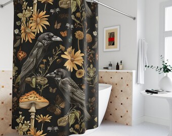 Raven Gothic Shower Curtain: Floral Botanical Whimsigoth Decor