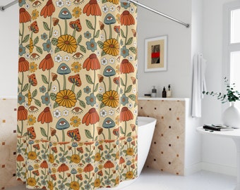Retro Floral Mushroom Shower Curtain: Groovy Boho Bathroom Decor