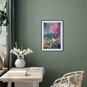 Exotische Pflanzen Druck farbenfrohe Pflanzendeko positive florale Kunst Dschungelexotik Dschungelpflanzen Druck semiabstraktes Blätterbild