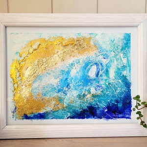 small abstract, original painting, golden painting, glittery, blue, wallart with gold