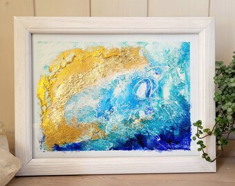 Original Acrylbild, mit Struktur, glänzend, gold und blau, Wandbild, kleines Gemälde, abstrakte Kunst