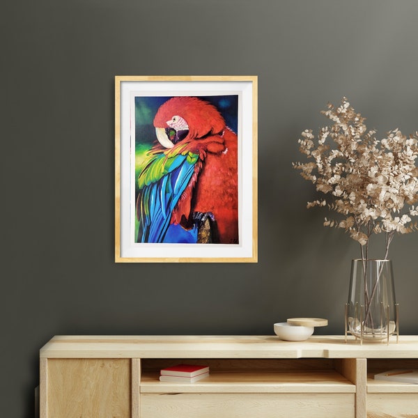 Wunderschöner Papageiendruck farbenfroher Ara exotische Wandkunst Dschungel Malerei
