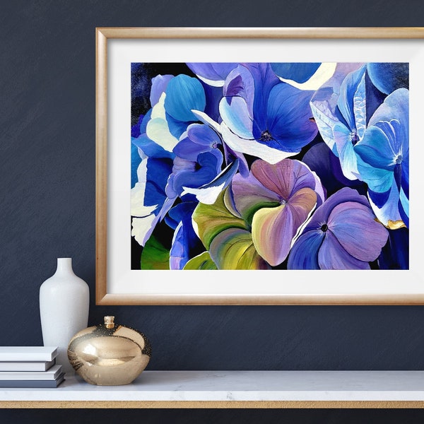 Florale Wandkunst botanischer Druck heimische Wandkunst blaue und lila Blumenkunst schöne Hortensien Licht auf blaue Hortensien Kunst Druck