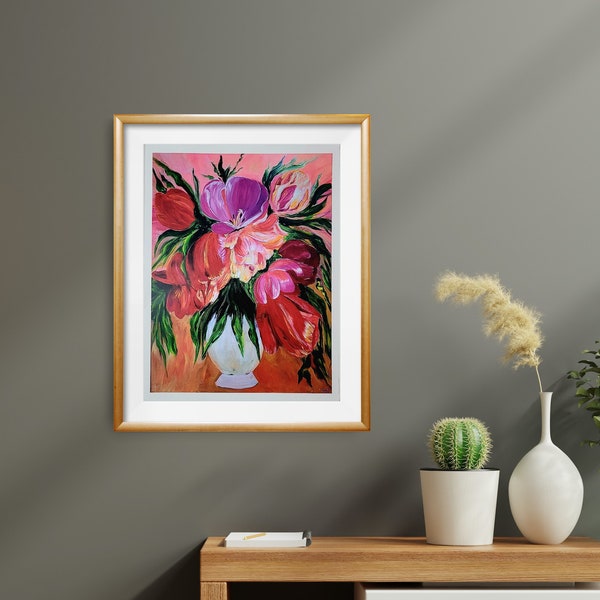Farbenfroher schöner Kunstdruck Tulpen in Vase Wand  zeitgenössische Kunst Wohnkultur Wohnzimmer Kunst