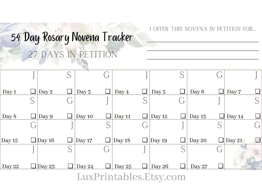 54 Day Rosary Novena Tracker Catholic Prayers Instant Digital Download