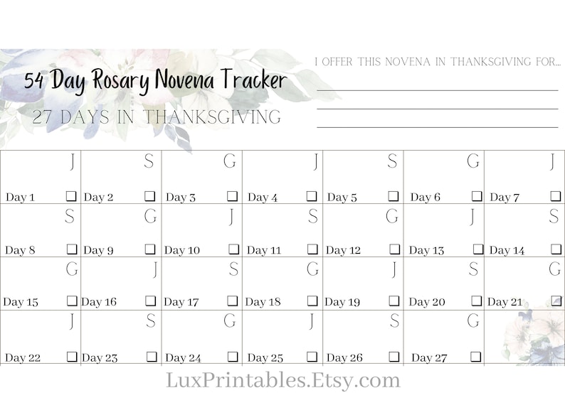 54 Day Rosary Novena Tracker Catholic Prayers Instant Digital