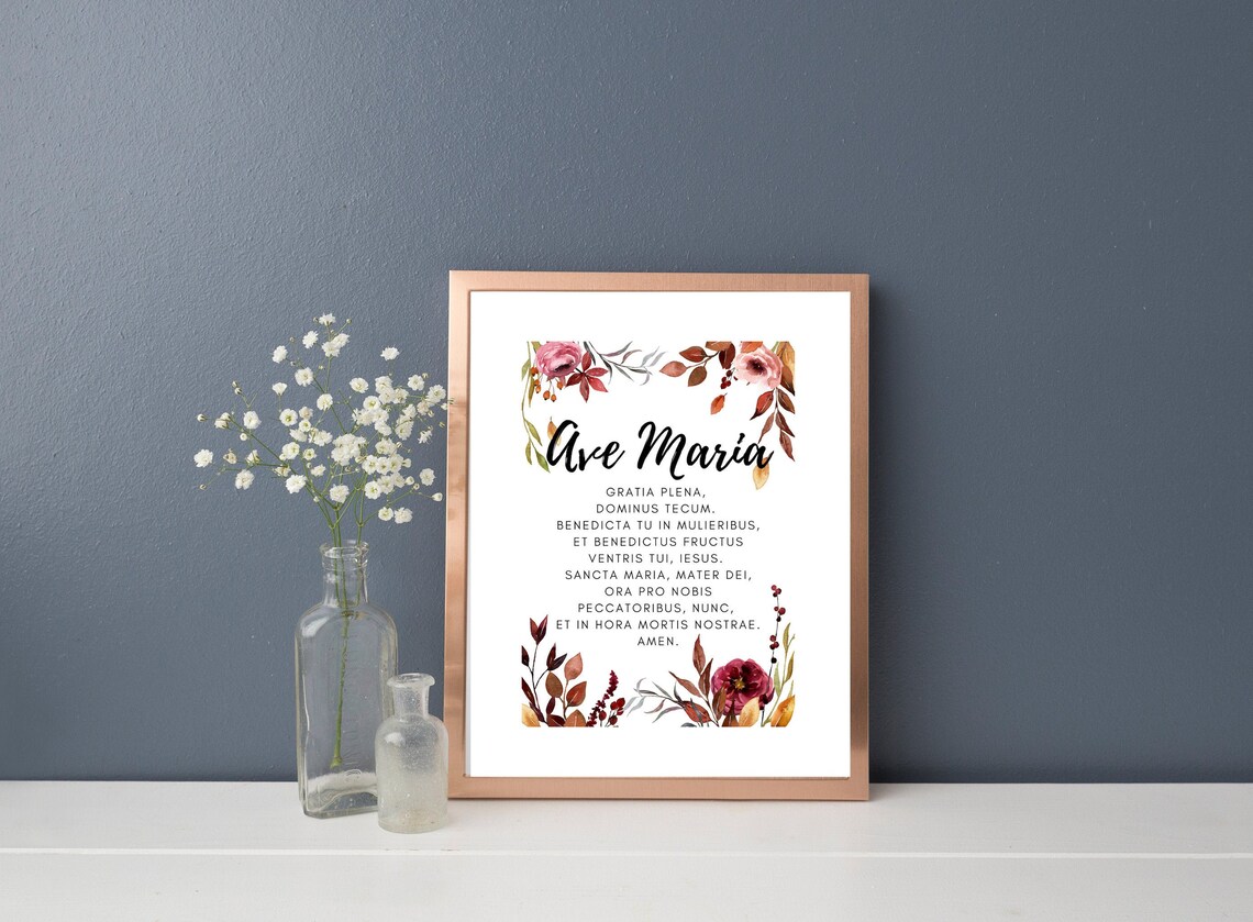 Ave Maria Latin Prayer Printable | Christian Floral Wall Art (PDF, PNG ...