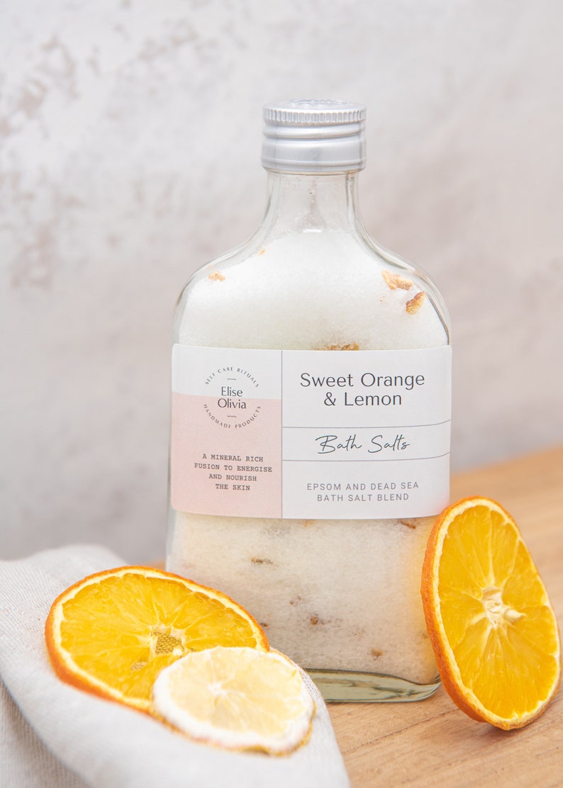 Sweet Orange and Lemon Epsom and Dead Sea Bath Soak Essential Oil Bath Salts Muscle Soak Aromatherapy Salts image 1