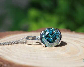 1.50CT Round Cut Blue Moissanite Pendant, Half Bezel Set Pendant, Charm Pendant, Wedding Pendant, Anniversary Gift, Unique Pendant