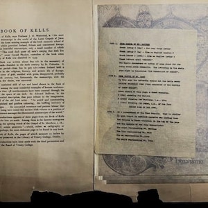 May include: A close-up of a page from a book about the Book of Kells, a beautifully illustrated manuscript from the 9th century. The text describes the history of the book and its significance in Irish culture.