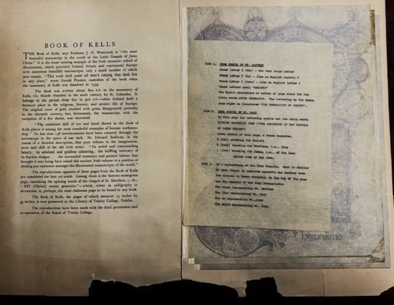 May include: A close-up of a page from a book about the Book of Kells, a beautifully illustrated manuscript from the 9th century. The text describes the history of the book and its significance in Irish culture.