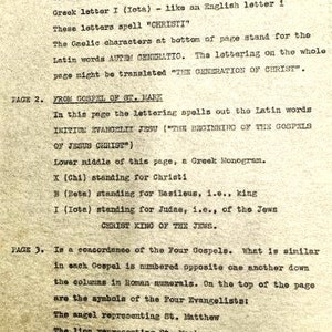 May include: A black and white image of a page from a book about the four gospels. The text on the page explains the meaning of the Greek letters used in the text of the gospels. The text also explains the symbols used to represent each of the four evangelists: Matthew, Mark, Luke, and John.