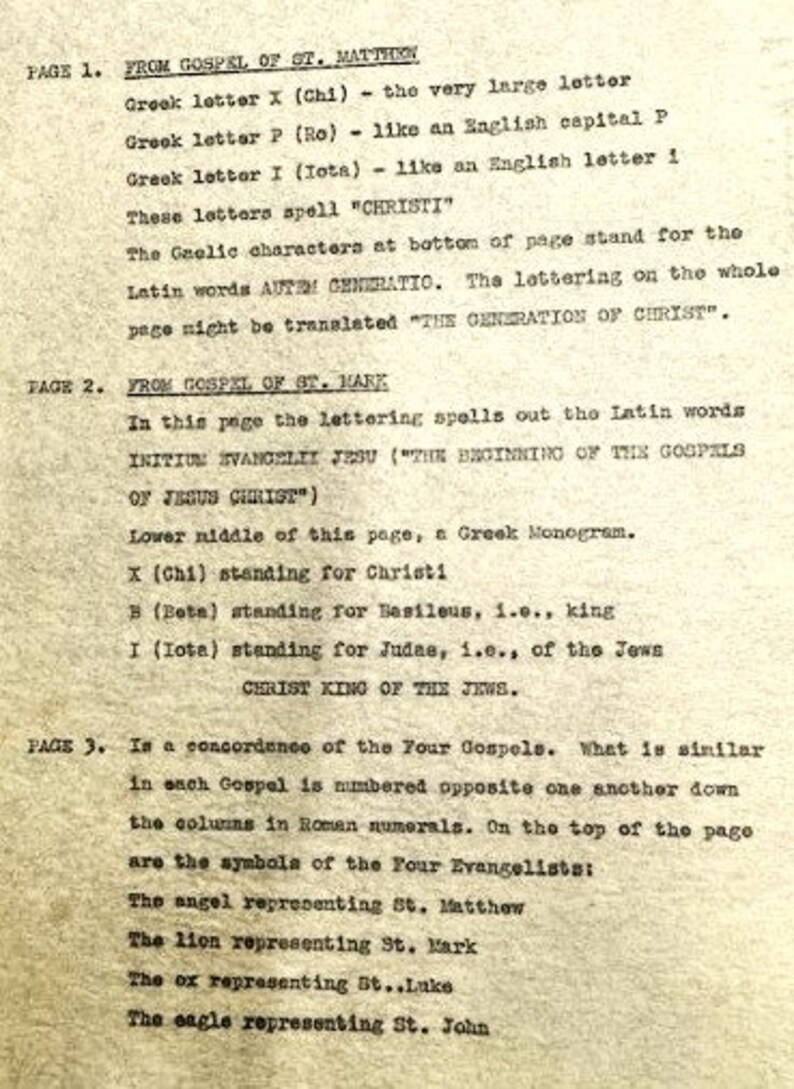May include: A black and white image of a page from a book about the four gospels. The text on the page explains the meaning of the Greek letters used in the text of the gospels. The text also explains the symbols used to represent each of the four evangelists: Matthew, Mark, Luke, and John.