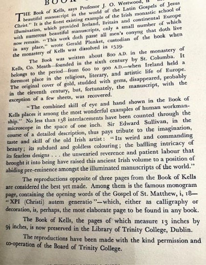 May include: A page from a book about the Book of Kells, a beautifully illuminated manuscript from the 9th century. The text describes the history of the book and its importance in Irish art and culture. The book is now preserved in the Library of Trinity College, Dublin.