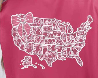 Lace America USA Map PNG, Coquette Lace 4th of July Svg, American Flag Shirt, Independence Day, Sublimation Design