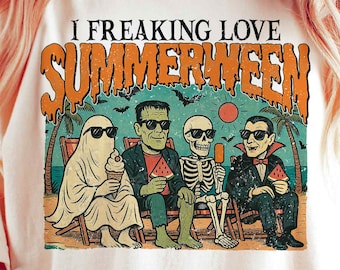 I Freaking Love Summerween PNG, Vintage Summer Halloween png, Horror Characters Png, Funny Halloween in Summer Shirt Design