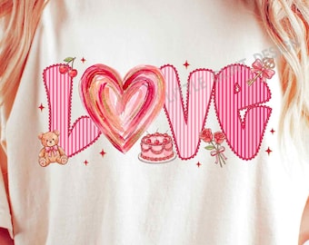 LOVE Coquette Bow Valentine Brushstroke PNG, Pink Bow Love Day Desing, Valentines Day Girly Sublimation, Doodle Heart Digital Download