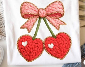 Love Cherry Yarn PNG, Trendy Valentine Png, Vday Preppy PNG, Cherry Patchwork Png, Valentine's Day Png, Digital Download