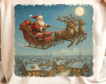 Vintage Santa Sleigh Ride Png, Retro Christmas Png, Santa with Reindeer Png, Vintage Christmas Shirt, Holiday Xmas Gift, Digital Download