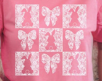 White Lace Easter Coquette Bow PNG, Retro Checkered Easter Png, Lace Bow Bunny Png, Christian Easter Sublimation Design
