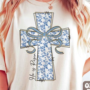 Blaues Toile-Kreuz Er ist auferstanden PNG, Ostern Christ Png, Grand Millennial Ostern Coquette Png, Blaues Blumen-Chinoiserie-Häschen Png