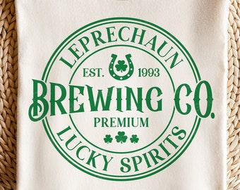 May include: A white t-shirt with a green circle design that says "Leprechaun Brewing Co. Est. 1993 Premium Lucky Spirits" with a horseshoe and shamrocks.