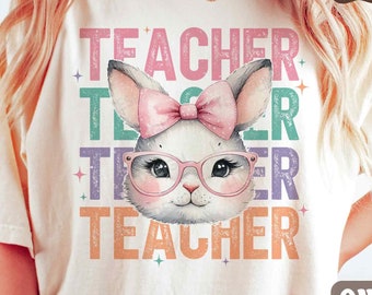 Lazo de coqueta de Pascua para maestra, PNG, Conejito de Pascua, PNG, Diseño de camiseta de maestra de Pascua de moda, Diseño de sublimación