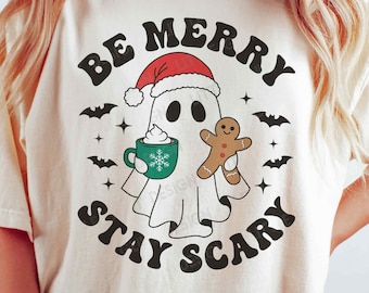 Be Merry Stay Scary PNG SVG、ハロウィン クリスマス SVG、かわいいゴースト PNG、クリスマス スウェットシャツ、昇華 PNG、Cricut 用 SVG ファイル