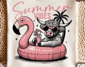 Summer vibes Png, Funny Highland cow Png, Retro Summer Png, Summer Beach Shirt, Summer Sublimation Design