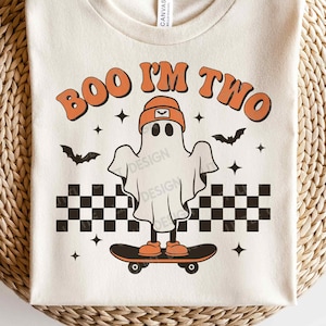 Boo I'm Two SVG PNG, 2° compleanno Halloween Svg, Fantasma carino in difficoltà Png, Maglietta di compleanno di Halloween retrò, File Svg per Cricut