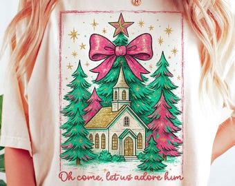 Colorful Glitter Christmas Christian PNG, Oh Come Let Us Adore Him Png, Jesus Christmas Coquette Bow Tree Png, Preppy Brushstroke Hand Drawn