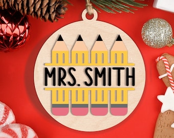 Adornos navideños para maestros (SVG), Navidad 2025 (SVG), Enseñar, Inspirar, Adorno láser para maestros (SVG), Archivo de corte láser Glowforge