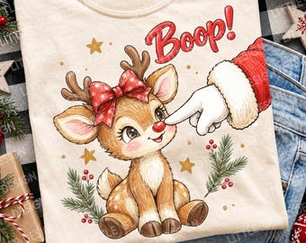 Niña con lazo navideño Boop PNG PNG, Papá Noel reno PNG, Regalo de Navidad para niños, Navidad retro PNG (Descarga digital)