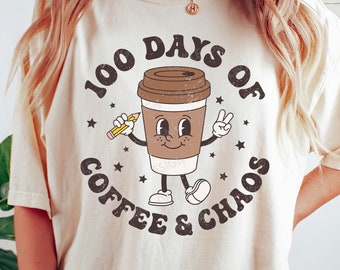 100 days of school Coffee SVG, 100 Days of Coffee and Chaos Png, Retro 100 days of school Teacher Shirt, Svg Files for Cricut