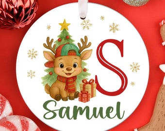 Christmas Alphabet Ornament PNG, Boy Reindeer Initial Letter Png, Xmas Ornament Png Design, Custom Name Christmas Sublimation