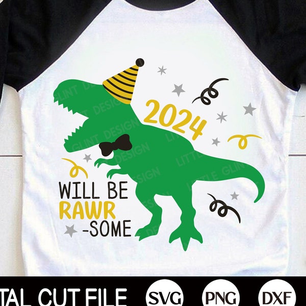 Kids New Year SVG, 2024 New Year's Svg, Dinosaur Svg, New Year Shirt, Merry Christmas Svg, First New Year's Svg, Png, Svg Files for Cricut