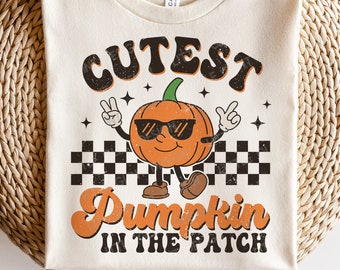 La plus mignonne citrouille dans le patch SVG, Svg automne, Png automne en détresse, citrouille rétro garçon chemise Svg, fichiers Svg pour Cricut