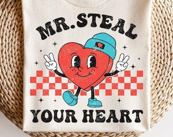 Mr Steal Your Heart SVG, San Valentino Svg, Cuori retrò Png, Maglietta per San Valentino per ragazzi, File Svg per Cricut
