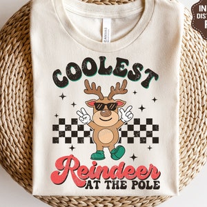 Cooles Rentier an der Pole SVG, Weihnachten Junge SVG, Retro Rentier Png, Kinder Weihnachten Shirt, SVG-Dateien für Cricut