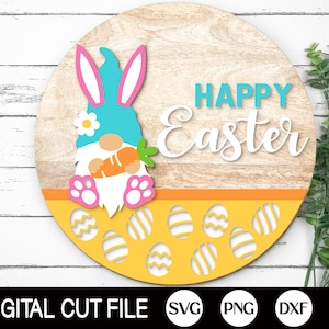 Happy Easter Welcome Sign, Gnome Door Hanger SVG, Easter Sign Svg, Easter Bunny Door Decor, Glowforge, Png, Dxf, Svg Files for Cricut