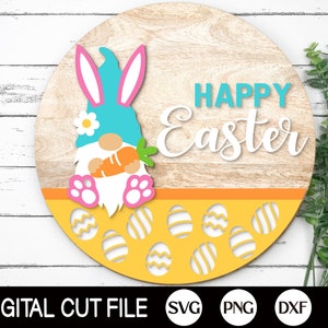 Placa de boas-vindas de feliz Páscoa, cabide de porta Gnome SVG, placa de Páscoa Svg, decoração de porta de coelhinho da Páscoa, Glowforge, Png, Dxf, arquivos Svg para Cricut