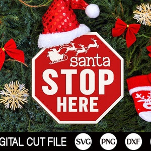 Santa pare aqui sinal de boas-vindas SVG, cabide de porta de Natal SVG, Santa Svg, sinal de Natal redondo decoração de casa, arquivo de corte a laser Glowforge