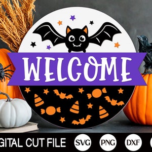 Znak powitalny Halloween Bat SVG, wieszak na drzwi Halloween SVG, Bat SVG, znak Halloween SVG, dekoracja z drewna, plik laserowo wycinany Glowforge