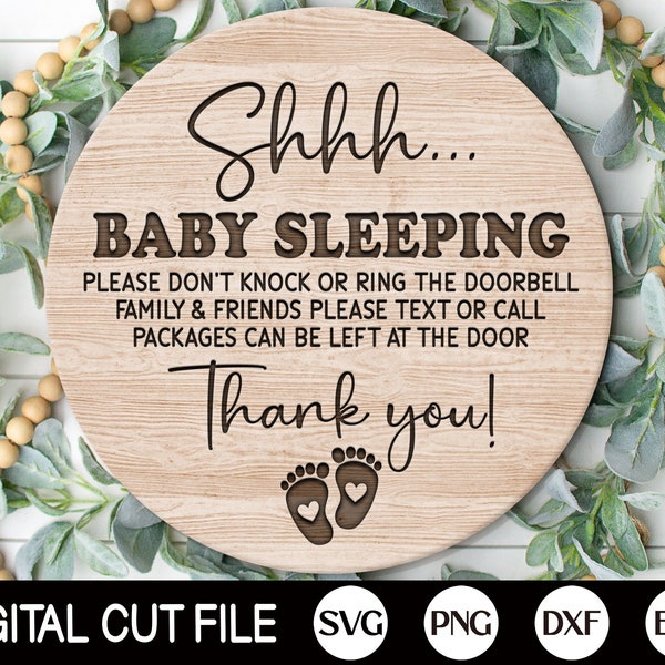 Baby sleeping Welcome Sign SVG, Round Door Hanger SVG, Don't Ring Doorbell Sign, New Baby Door Decor, Png, Dxf, Laser Cut File, Glowforge