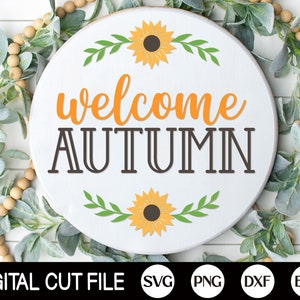 Hello Autumn Welcome Sign, Round Sunflower Door Hanger SVG, Farmhouse Fall Sign Door Decor, Glowforge, Png, Dxf, Svg Files for Cricut