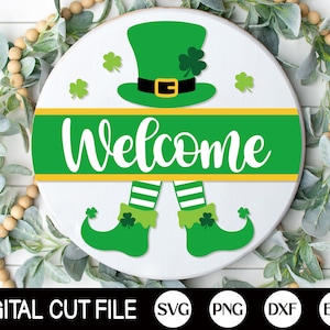 St Patrick Door Hanger SVG, Welcome Sign SVG, Leprechaun Svg, Shamrock, Clover Png, St Patty Door Decor, Dxf, Png, Svg Files for Cricut