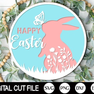 Happy Easter Welcome Sign, Easter SVG, Floral Bunny Door Hanger SVG, Easter Sign, Spring Door Decor, Glowforge, Png, Svg Files for Cricut