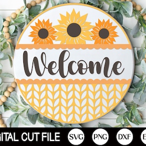 Fall Welcome Sign, Round Sunflower Door Hanger SVG, Autumn Sign Svg, Farmhouse Fall Door Decor, Glowforge, Png, Svg Files for Cricut