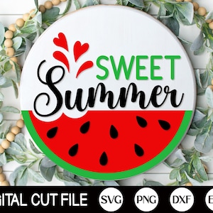 Sweet Summer Welcome Sign, Round Door Hanger SVG, Summer Sign Svg, Watermelon Summer Door Decor, Glowforge, Png, Dxf, Svg Files for Cricut